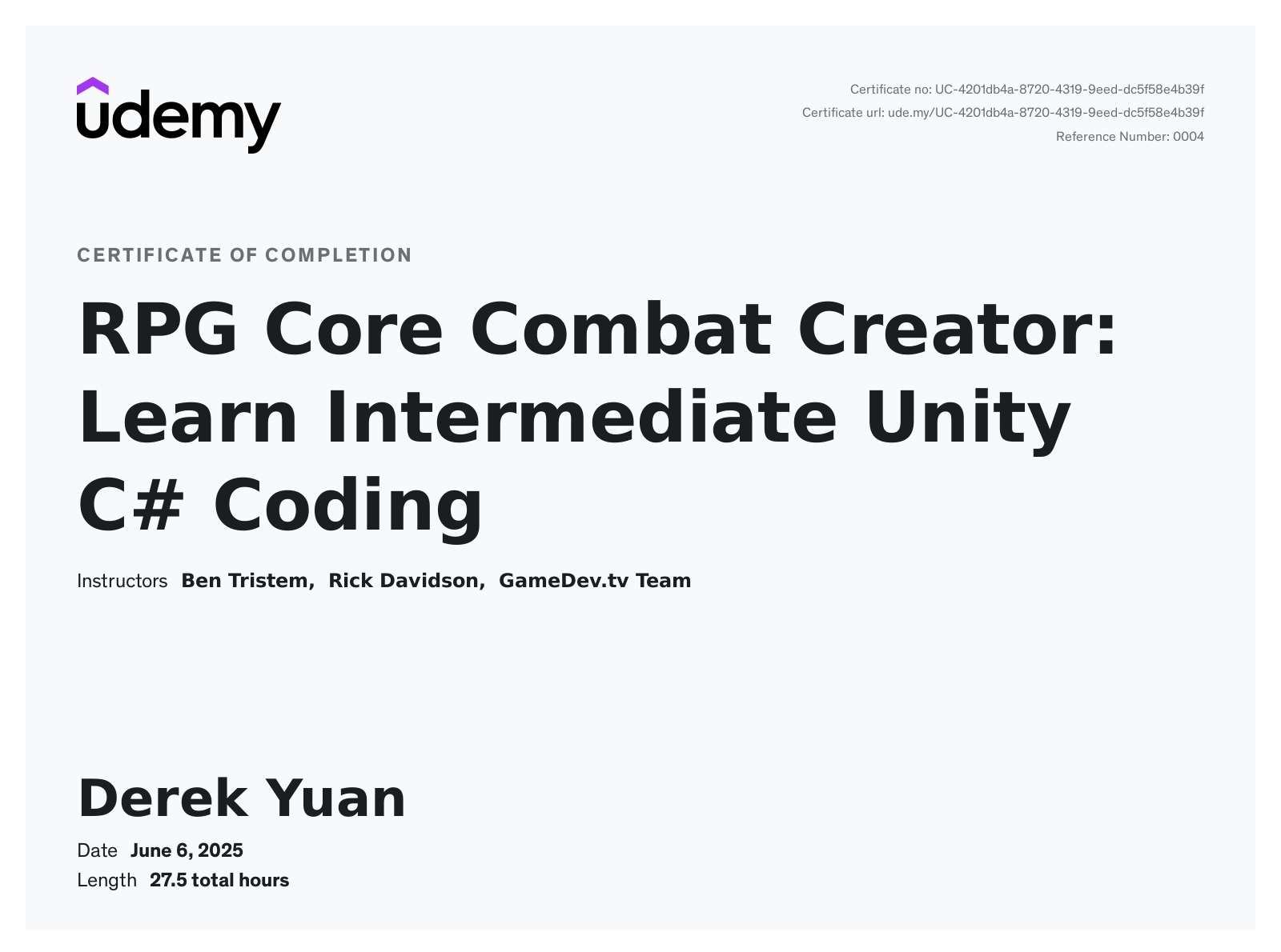RPG Core Combat Certificate
